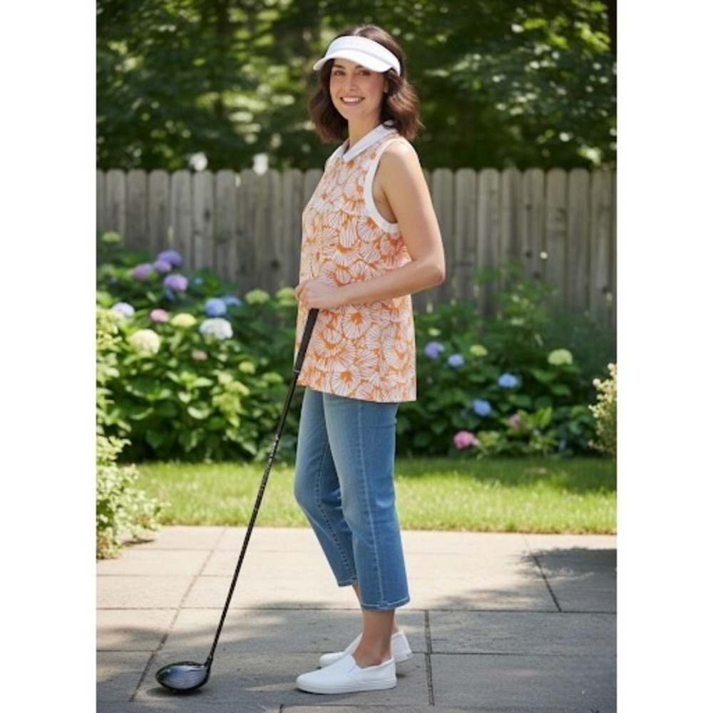 Tommy Bahama Women's Golf Sleeveless Zip Collar‎ Shirt White Orange Small